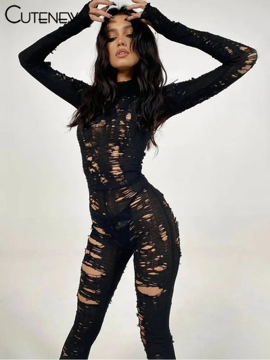 Cutenew Women's Knit Hollow Out Jumpsuits Sexy Turtleneck Full Sleeve One-pieces Pants Slim Overalls Party Clubwear Streetwear