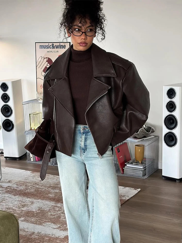 UK Size Casual Dark Red/Burgundy Color  Zipper Leather Short Jackets Women Long Sleeve Lace Up Lapel Loose Button Coat Lady Daily High Street Wear