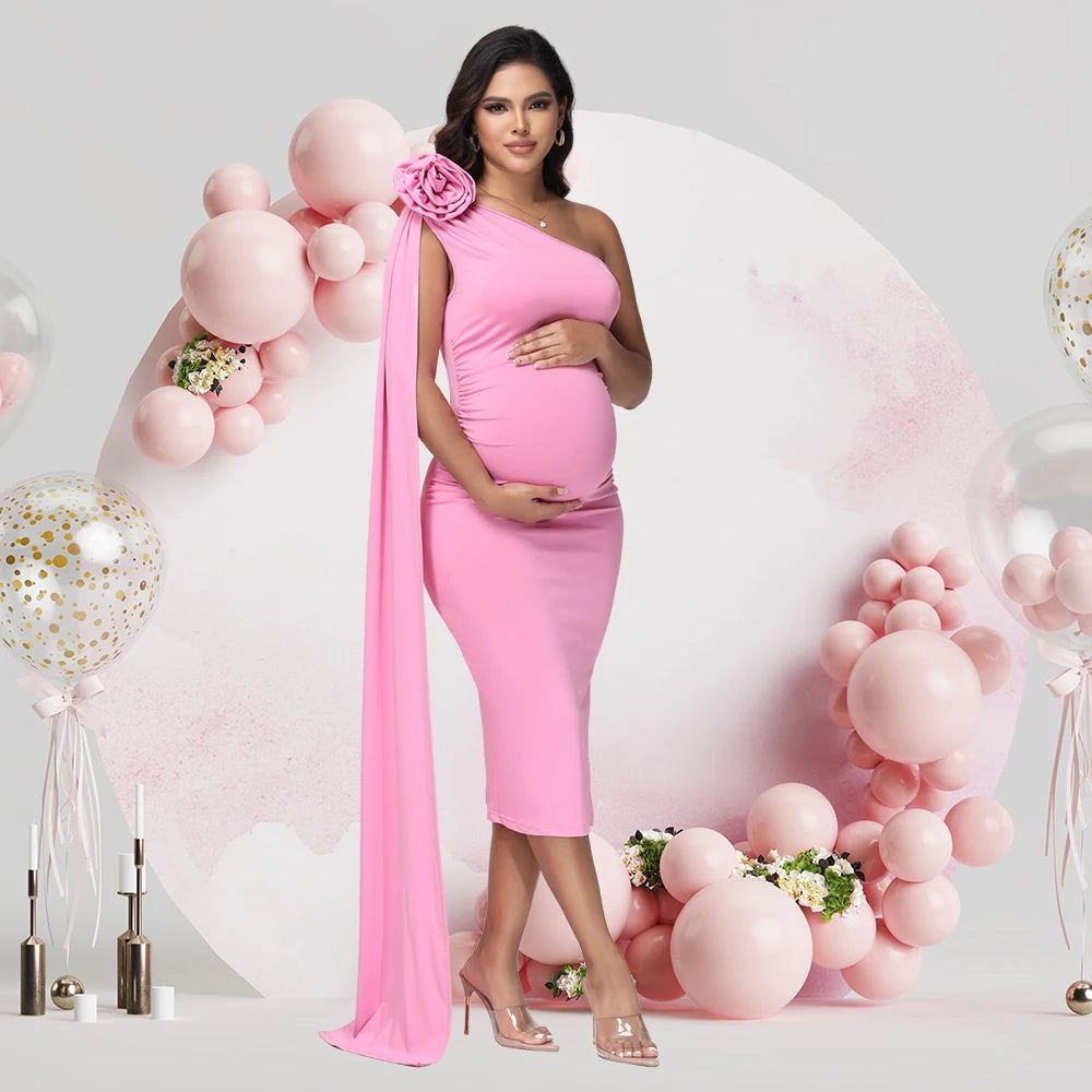 NEW S-XL Maternity Pink One Shoulder 3D Floral Floating Sleeve Bodycon Summer Midi Dress for Baby Shower Photoshoot Evening Party Formal Dress