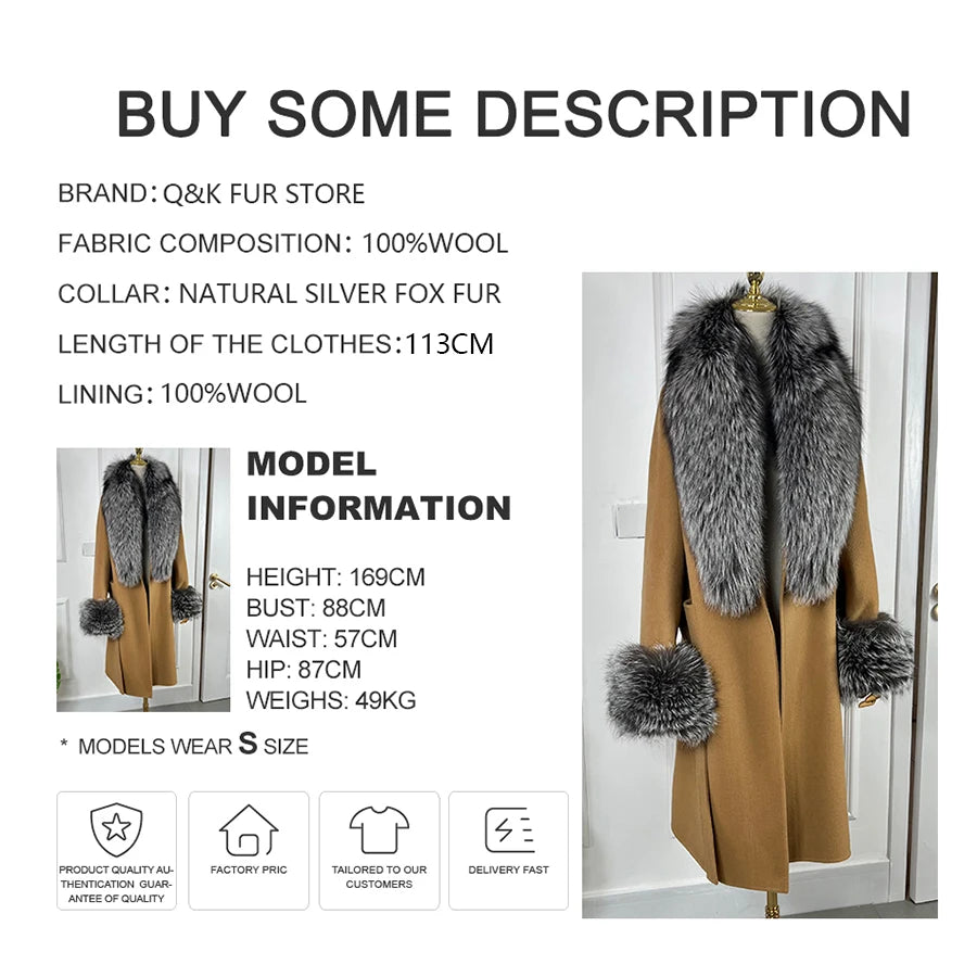 NEW Arrivals S-4XL 4 Colors Women 100% Cashmere Cardigan With Fur Natural Silver Fox Fur Coat Long Wool Blends Coat Fur Collar Cuffs Winter Evening Party Outerwear Ladies Luxury Fashion Apparel Products