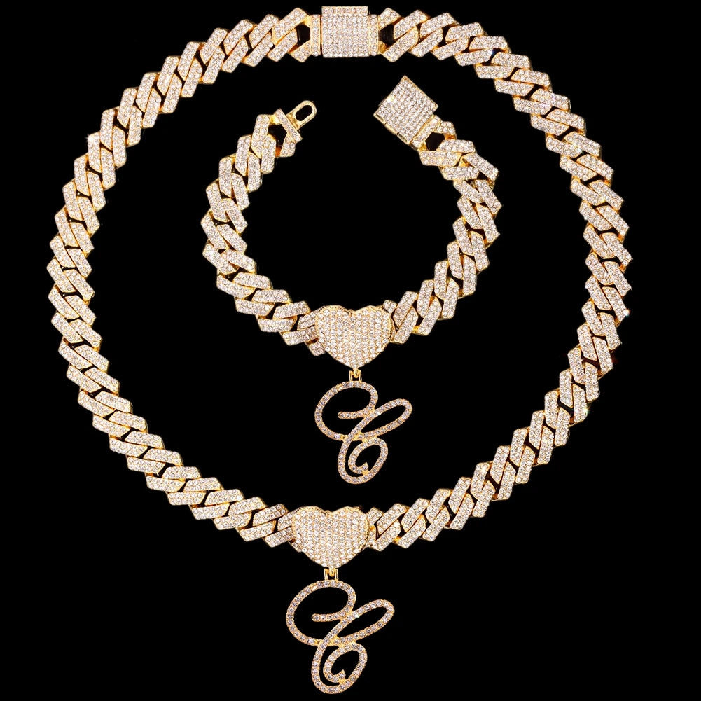 2 PCS Set New Fashion A-Z Initial Cursive Letter Luxury Rhinestones Pendant Cuban Necklace for Women Iced Out Cuban Link Chain Necklace Set Jewelry