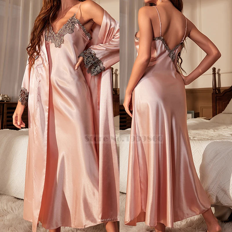 NEW Arrivals 2PCS Set Female Luxury Long Twinset Robe Set Nightgown Spring Summer Kimono Bathrobe Gown Sexy Lace Trim Nightdress Satin Home Wear Loungewear
