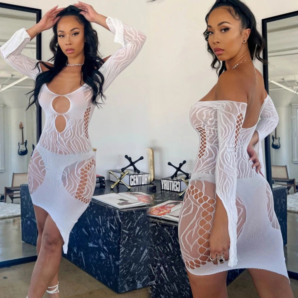 NEW Arrivals S-2XL UK Flexible Size 4 Colors High Quality Mesh Sex Set Women's Hot Sexy Fishing Net Bodycon Mini/Maxi Dress Erotic See Through Hollow Mini Skirt Sexy Night Club Outfits