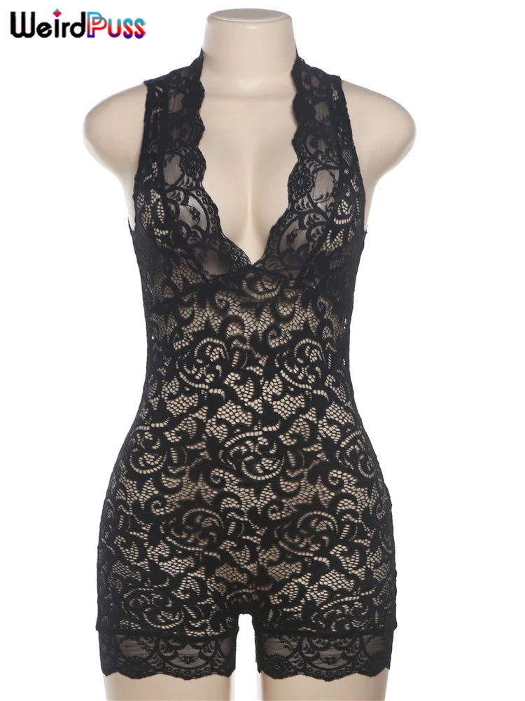 Sexy See-Through Rompers Woman Summer Lace V-Neck Thin Solid Sleeveless Low-Neck Stretch Peach Hip Skinny Playsuit
