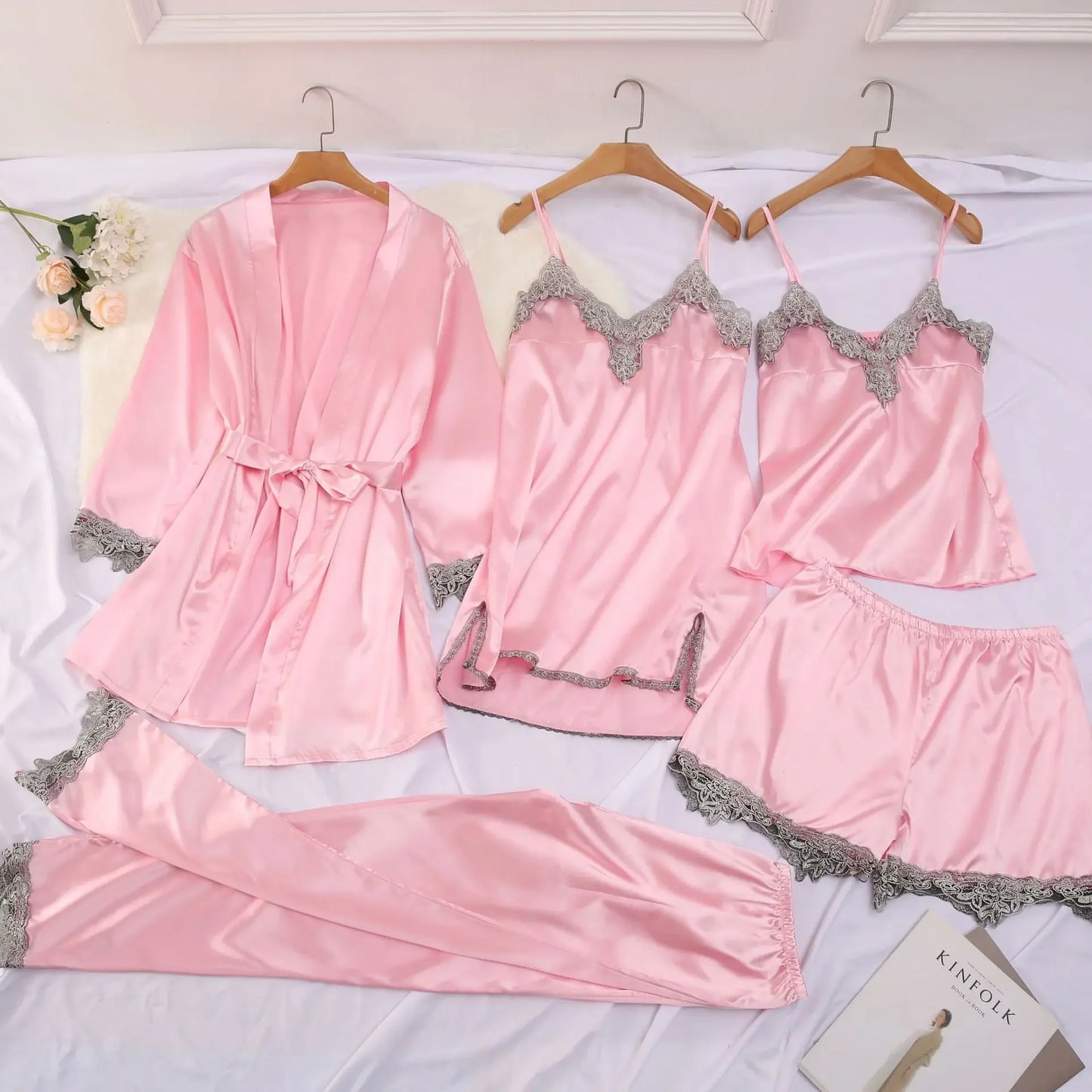 NEW Arrivals S-3XL Plus Size 5PCS Set 4 Colors Silk Feel Luxury  Pajamas Set Chubby Women's Nightgown Lingerie Sleepwear V Neck Home Clothes Fun Adult Toys And Games Ladies Sleepwear Sets