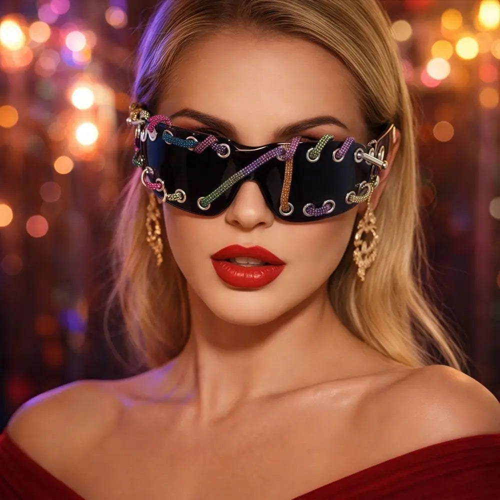 Rhinestones Chain Sunglasses Retro Cool Trendy Sunglasses UV Protective Lightweight Streetwear Party Shades For Women Men