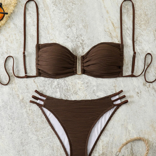 4 Colors Sexy Backless Folded Bikini Pure Color Three-Point Swimsuit Strap Binding Set Women's Adult Swimwear Bathing Set.