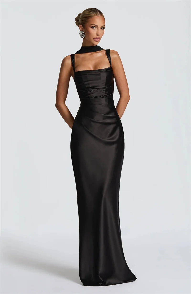 4 Colors  Satin Backless UK Size Sexy Luxury Maxi Dress Women Elegant Halter Off-Shoulder Sleeveless Lace-Up Bodycon Evening Wedding Guest Business Party Celebrity Long Dresses.