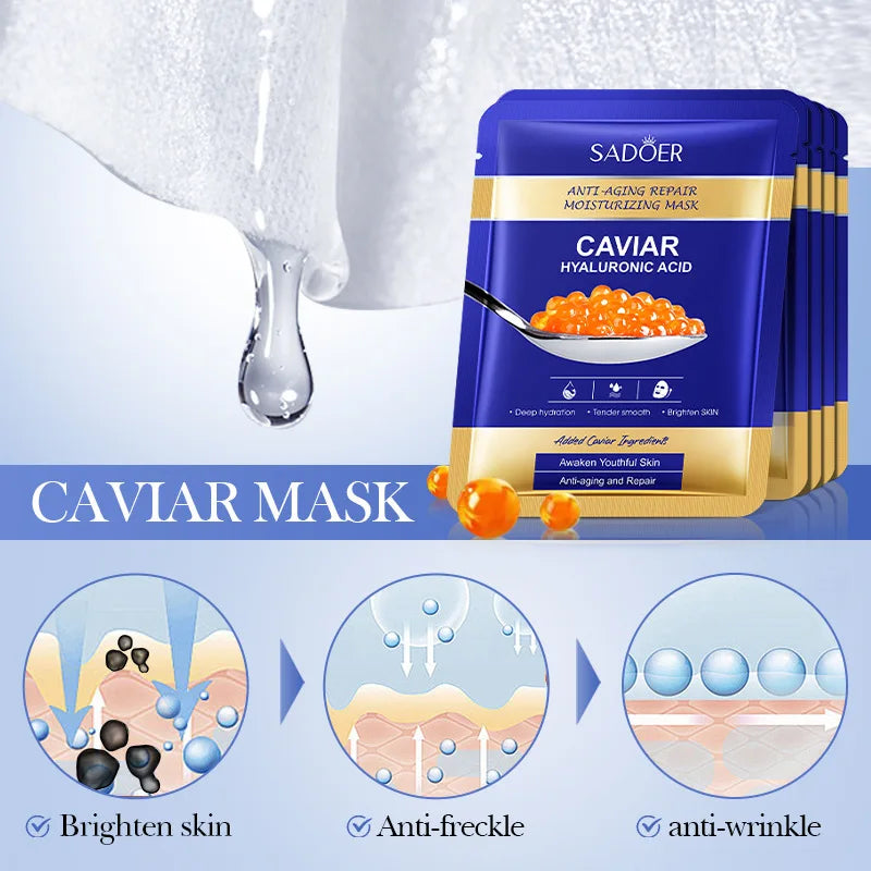 5 PCS Set  Caviar Hyaluronic Acid Moisturizing Facial Masks Brightening Firming Hydrating Face Mask Facial Skin Care Products