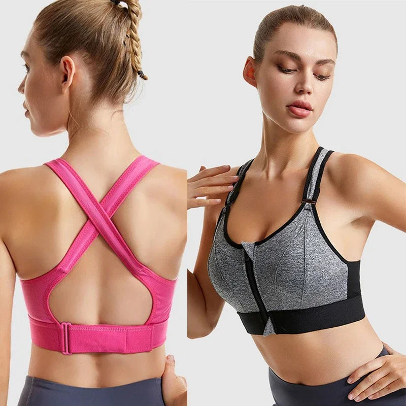 Sexy Zip Front Closure Strappy Cross Yoga Bra Women's Padded Shockproof Gathered Seamless Wireless Sport Gym Bras