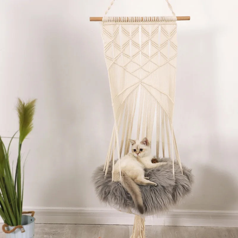 Cat Bed Cat Hammock Macrame Cat Swing Bed Cat Cage Cotton Rope Hanging Cat House Cats Toy Tassel Basket Tapestry