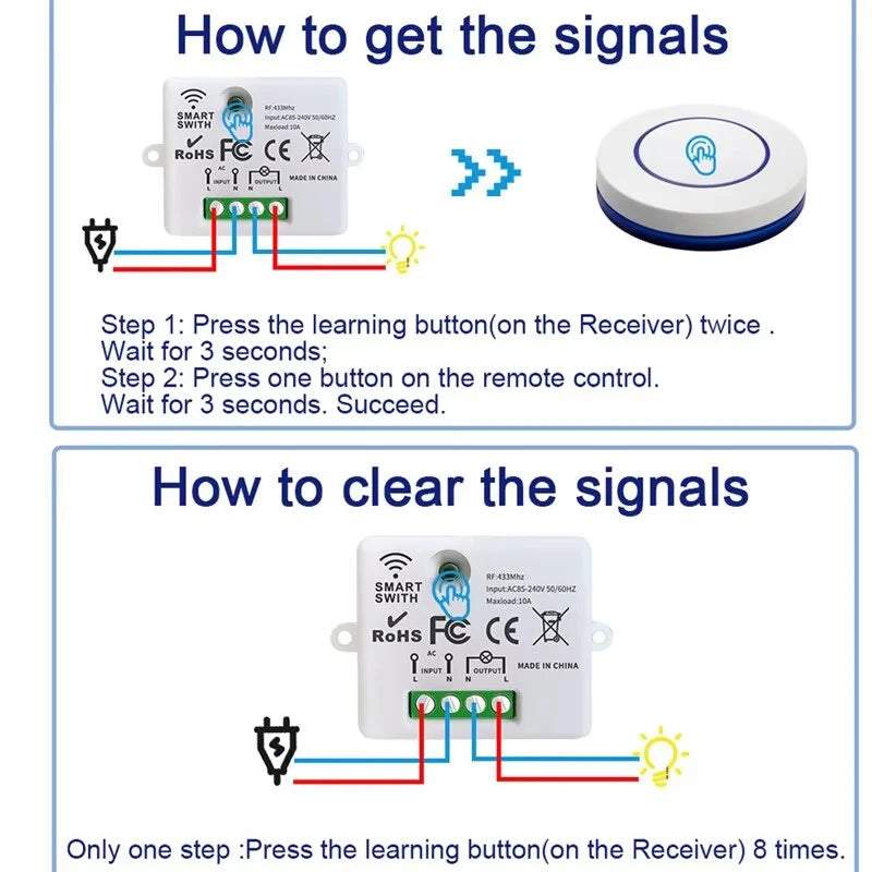 1 Receiver + 2 Remote Control Set RF 433MHz Wireless  10A Relay Receiver Remote Control Light Switch 220V 110V Mini Round Button Wall Panel Switch For LED Lamp