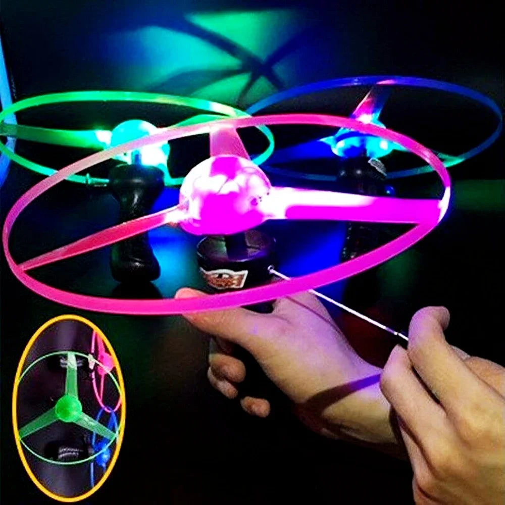 Children Kids Luminous Flying Disc Propeller Toys LED Lighting Pull String Flying UFO Toy Spinning Top Outdoor Game Sports Toy Gift