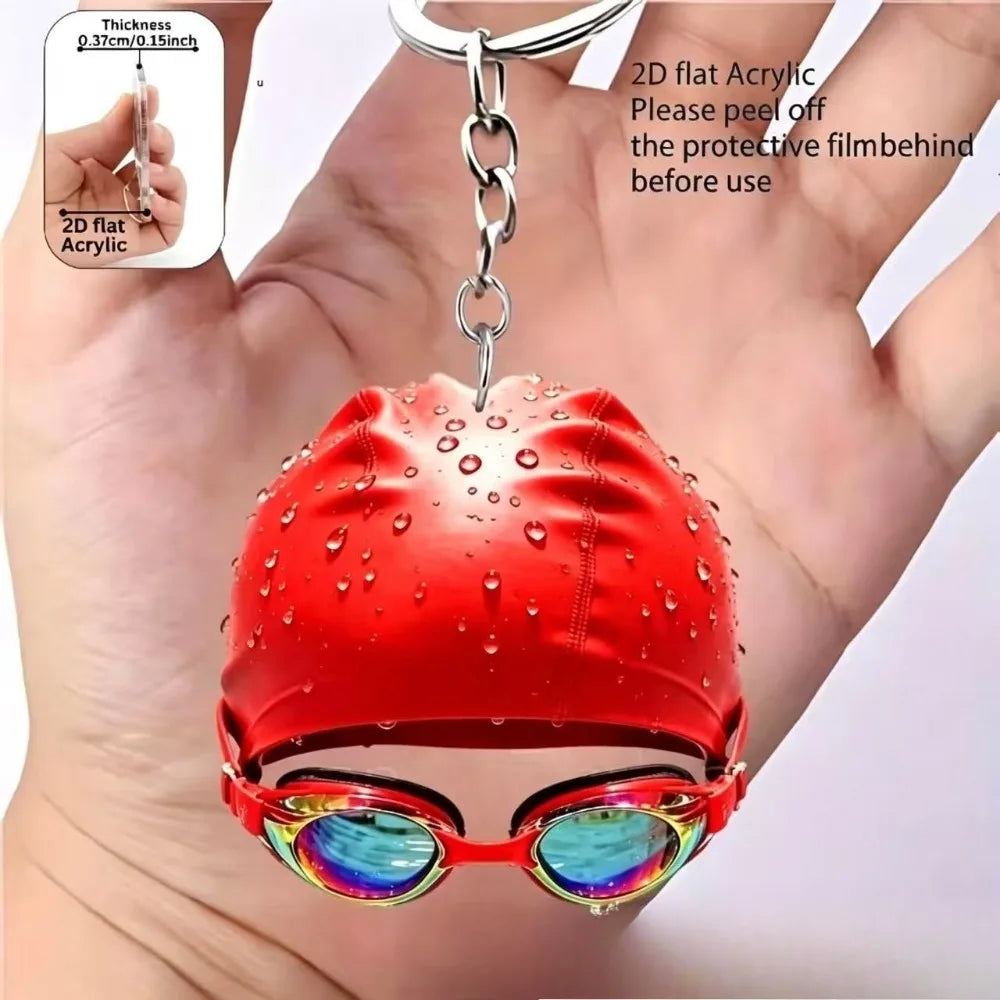 10 Colors High Aesthetic Simulation Swimming Goggles Swim Cap Design Keychain Acrylic 2D Flat Pendant Backpack Creative Gift for Women Man Sports Gifts