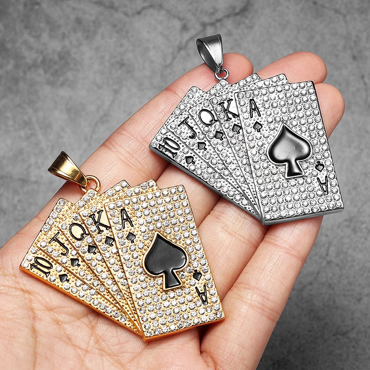 For Poker Lovers Lucky Poker Rhinestones Flush Gemstone Men Necklaces With Pendant Stainless Steel Jewelry Women Punk Hip Hop Accessories Gifts