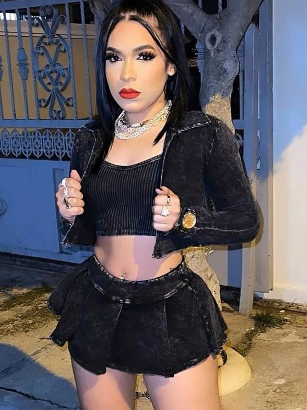 NEW Arrivals 3PCS Set UK/Asian Big Size Fashion Tie Dye Vintage Y2K Street Women Vest +Long Sleeve Coat +Mini Pleated Skirts Outfits Female Thick Rubber Clothing Girls Sexy Fashion Apparel Products