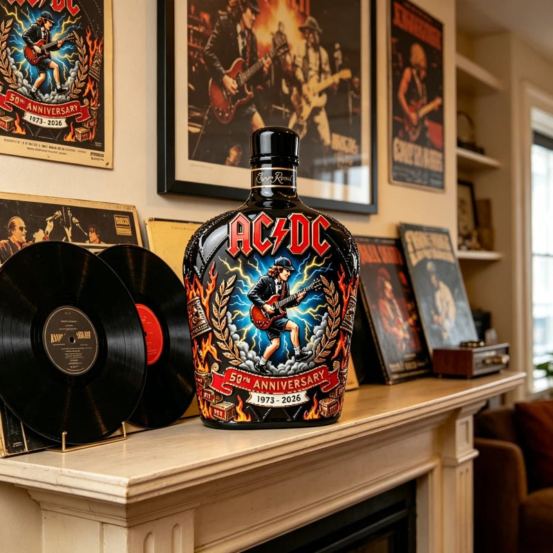 AC/DC Angus Young Lovers 50th Anniversary Collectible Whiskey Bottle 1973-2026 Rock Band Themed Liquor Bottle Collectible Home Bar Decor Gift Pubs Night Club Barware Supplies