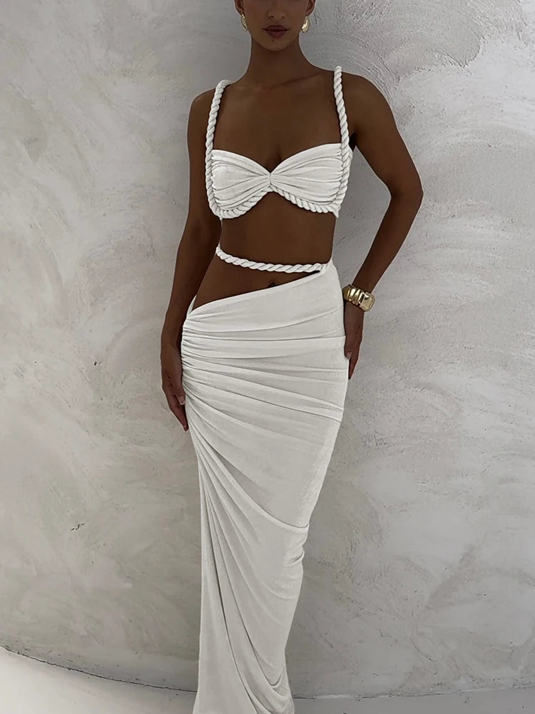 NEW 2PCS Set S-XL UK Size 12 Colors Italian Design Square Collar  Women Bra +Skinny Long Skirts Bandage Ruched  Summer Vacation Beach Party Trend Suits