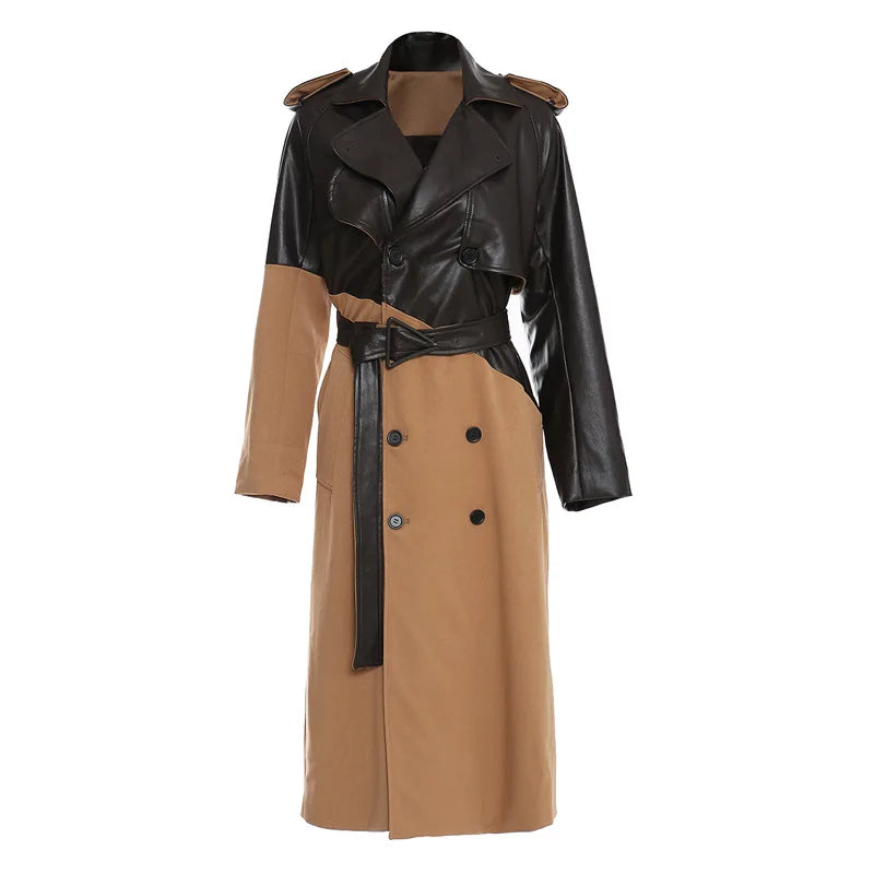 Spliced leather trench coat women's mid-length temperament over the knee strap waist khaki color matching temperament