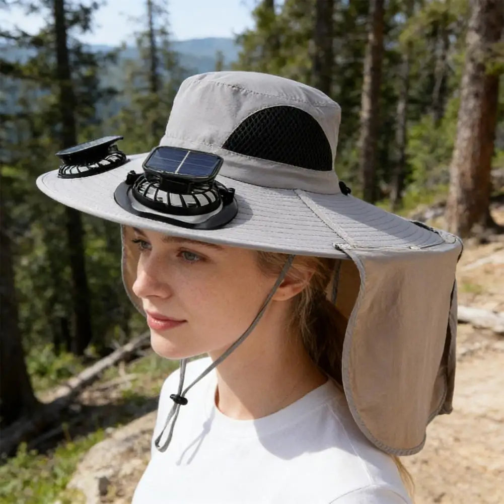 Solar Air Cooler Fan Hat with Neck Flap UV Protection Hat with Solar Fan USB Rechargeable Breathable Men Summer Outdoor Beach Camping Fishing Wide Brim Hats