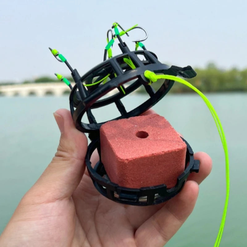 5 PCS Set Anti Current Bait Cage Fish Hook Fishing Accessory Metal Plastic Bait Holder Prevents Wash Away Increases Catch Rate Simple Elegant for Sea Boat River Lakes Fishing Supplies.