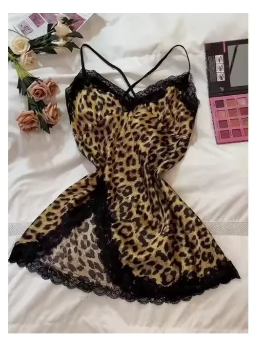 NEW Arrivals S-XL Size 10 Colors/Styles Leopard Silk Satin Women Nightgown Sleeveless Side Split Lace Sleepwear V Neck Sexy Nightwear Female Home Wear Cloth Pajama Dress