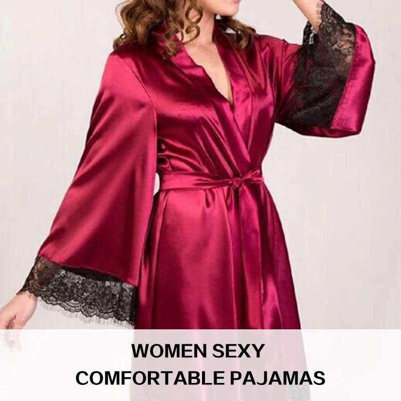 Two Pieces Women Silk Stain Lace Sexy Nightdress V-Neck Nighty Long Sleeve Printed Lingerie Robe Pajamas Sleepwear
