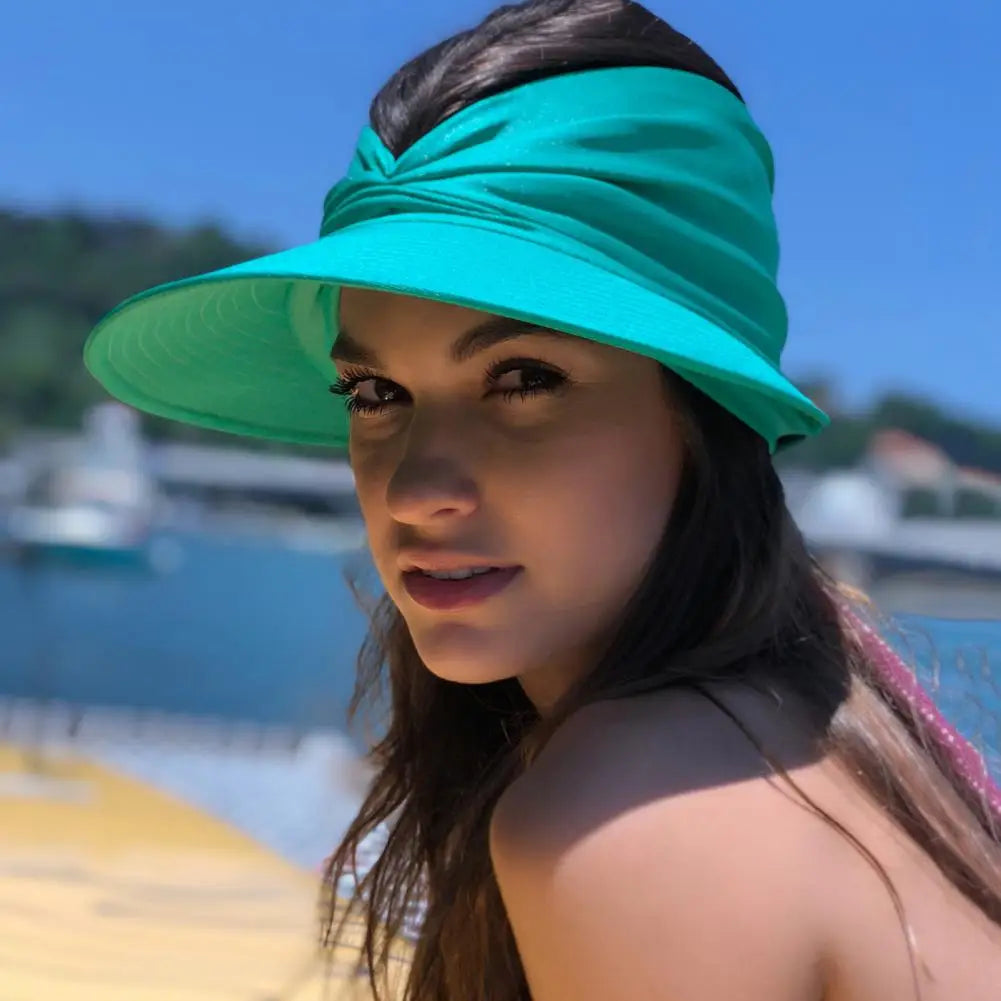 NEW Arrivals 13 Colors Women Female Sun Hat Pleats Sun Foldable Solid Color Wide Brim Anti Sun Cap Sweat Absorb High Stretch Summer Beach Swimming Accessories Girls Ladies Summer Casual Apparel Supplies