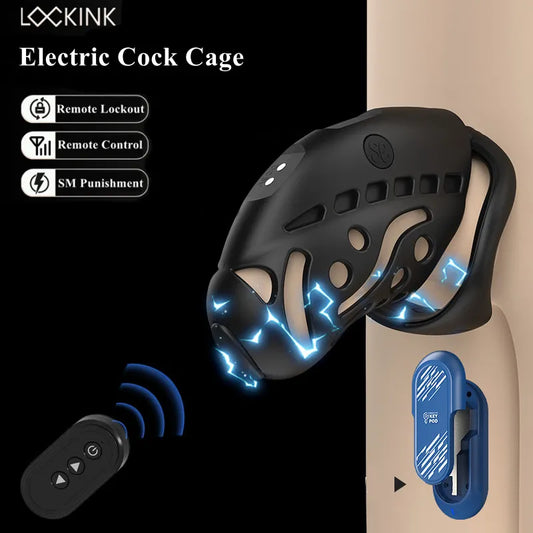 Adult Lockink Electric Shock Chastity Cage For Male Wireless Remote Control Penis Lock With 3 Size Cock Rings Adult Games Sex Toy