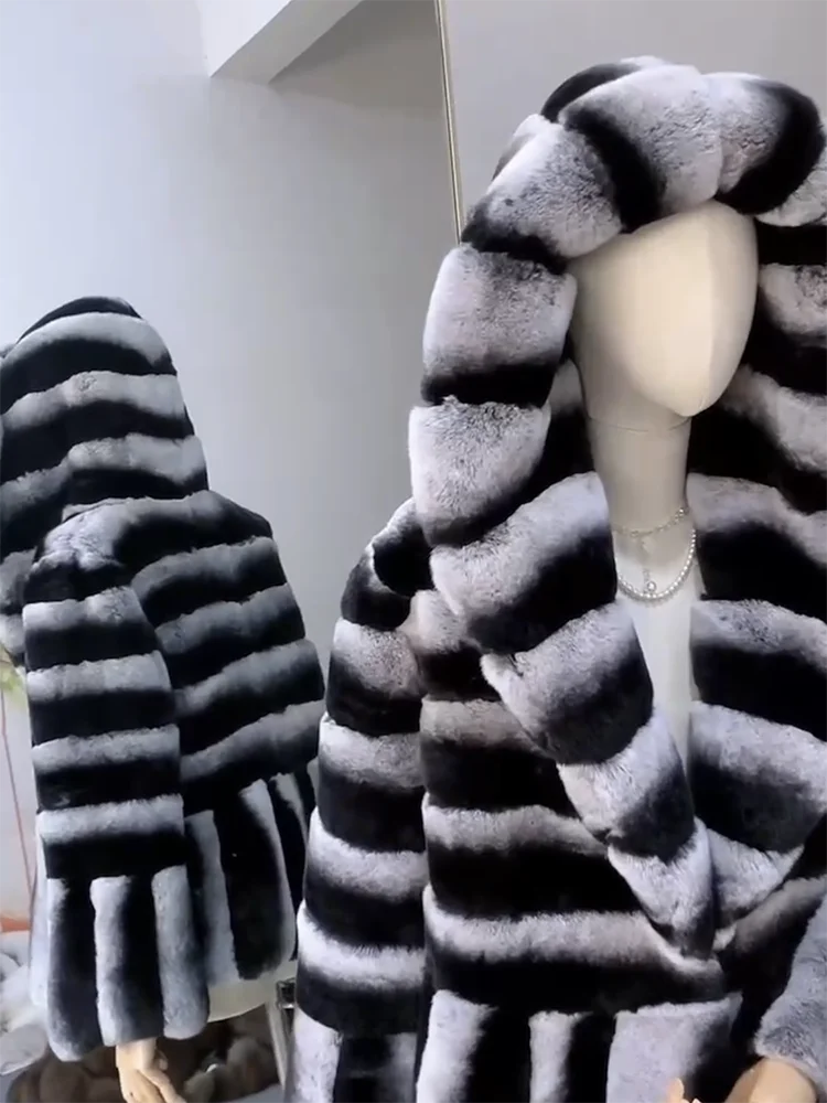 NEW Arrivals S-3XL Real Rex Rabbit Luxury  Fur Coat with Hood for Women, Luxury Jacket, Chinchilla Color, Ladies Girls Winter Fashion Clothing Products
