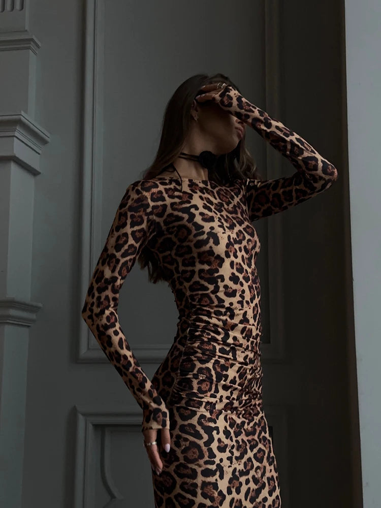 Leopard Bodycon Sheath Sexy Club Women Dresses Long Sleeve O Neck Outfits Fashion Bodycon Slim Female Vestidos Robes