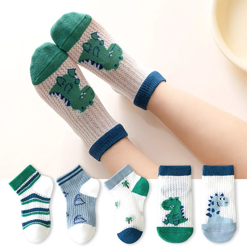 5 Pairs Set 0-12Y Summer Cotton Newborn Kids Socks Cute Cartoon Thin Mesh Baby Short Socks Dinosaur Bear Children Socks for Boys Girls Apparel Accessories