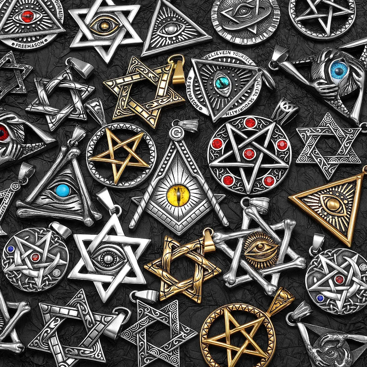 38 Types Illuminati's Masonic Hexagram Salomon Star of David Masonic Stainless Steel Men Necklaces Pendant Chain Punk New in For Women Fashion Secret Society Jewelry Gifts