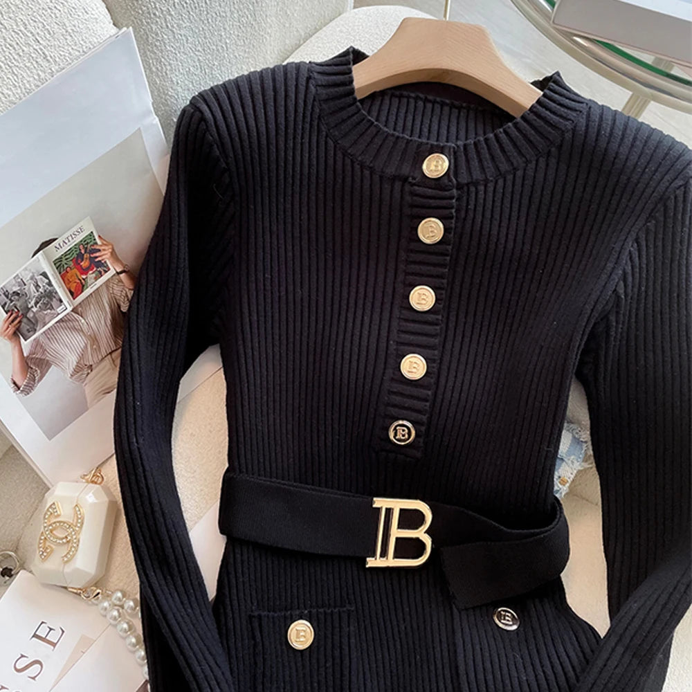 YuooMuoo 2023 Autumn Winter Women Knitted Dress Brand Fashion O-neck Buttons Bodycon Sweater Dress with Belt Lady Office Dress