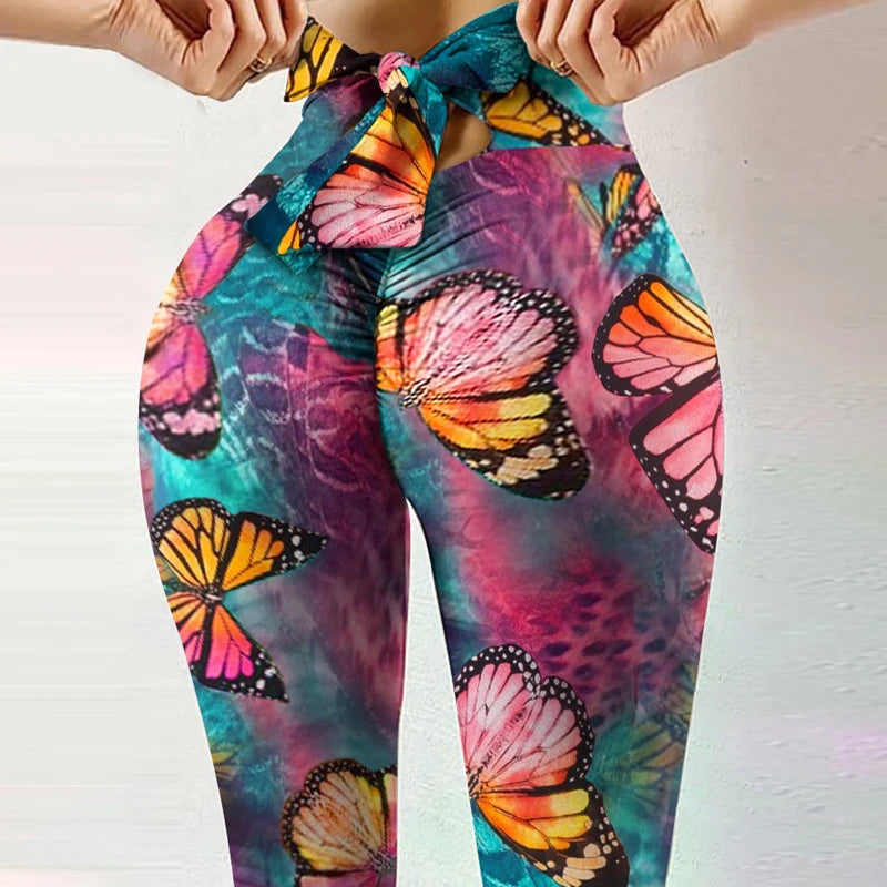 New Sports Breathable Fitness Pants High Elasticity Sweat-absorbent Hip Lift Printed Bow Tights High Waist Slim Yoga Pants Women