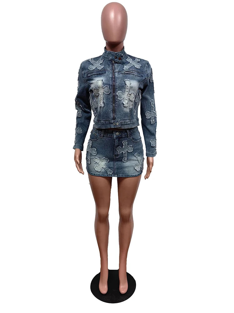 2 Piece Denim Sets Women Outfits Spring Long Sleeve Zipper Jacket and Mini Skirt Set Sweet Sexy Outfits