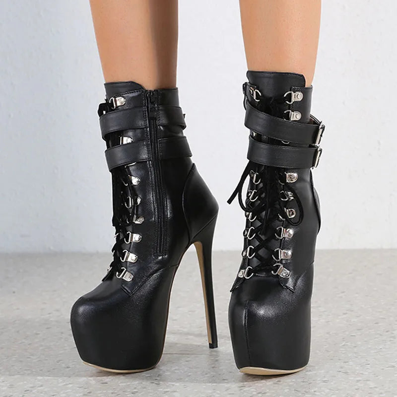 Sexy Buckle Strap 16.5 CM Extreme High Heels Platform Boots For Women Round Toe Cross Lace Up Party Club Stripper Shoes