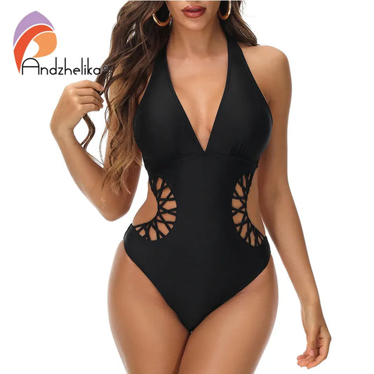 Black One Piece Swimsuit Women's Laced Sexy Halter Swimwear Monokini Female Bathing Suit Cutout Bodysuit Swim Wear