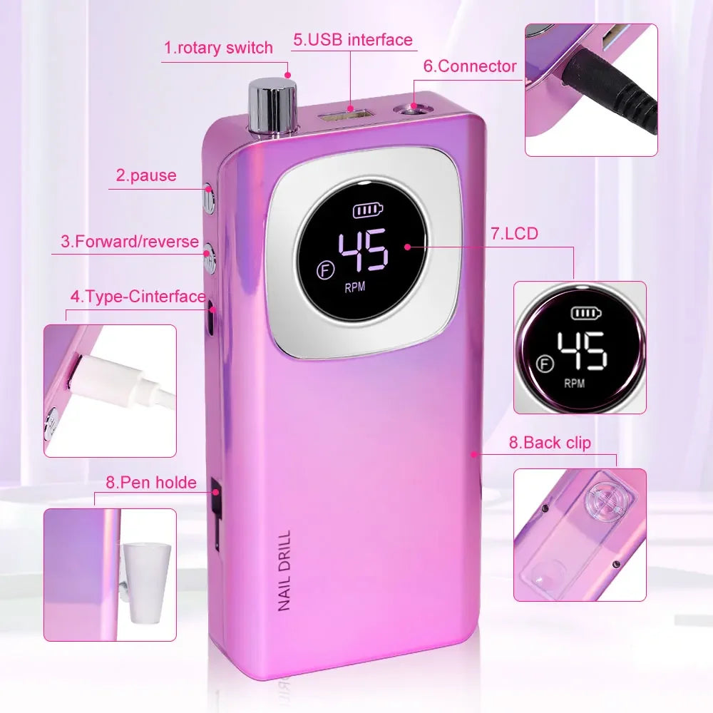 NEW Arrivals Rechargeable Nail Drill Machine with LCD Display Low Noise, Professional Nail Polish Grinder Nail Accessories Set Hot Sales Manicure Pedicure Devices Nail Care Tools Set Cosmetics Supplies