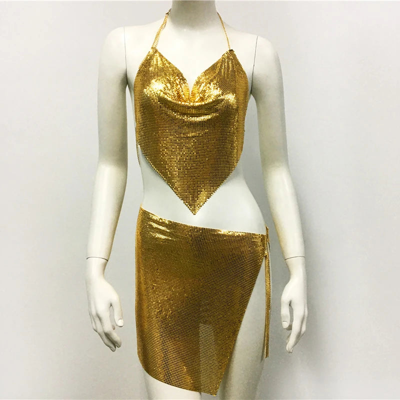 NEW Arrivals 2PCS Set Sexy Metal Sequins Matching Sets for Women Backless Tank Tops Slit Mini Skirt Festival Rave Beach Party Outfits Nightclub Party Bod Girls Sexy Fashion Clothing Supplies