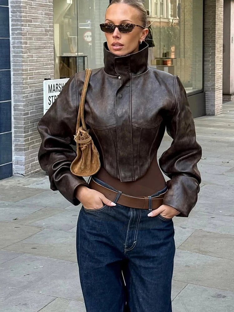 UK Size Brown/Black Color Wild PU Leather Irregular Crop Jacket Women Turtleneck Zip Button Full Sleeve Sexy Hottie Street Midnight Club Hipster Coat