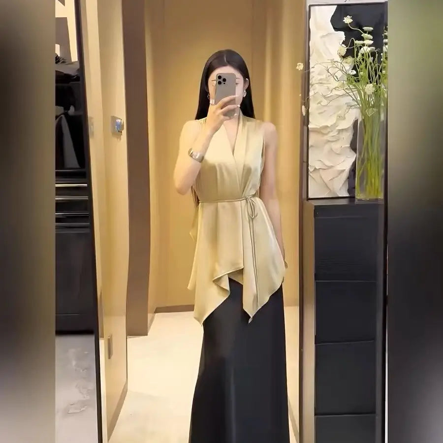 NEW S-3XL Plus Size 4 Colors Temperament Satin Sleeveless Tank Top Top Tee Summer Fashion Lacing Pleated Mid Length Top Ladies Fashionable V-Neck Blouse Tops