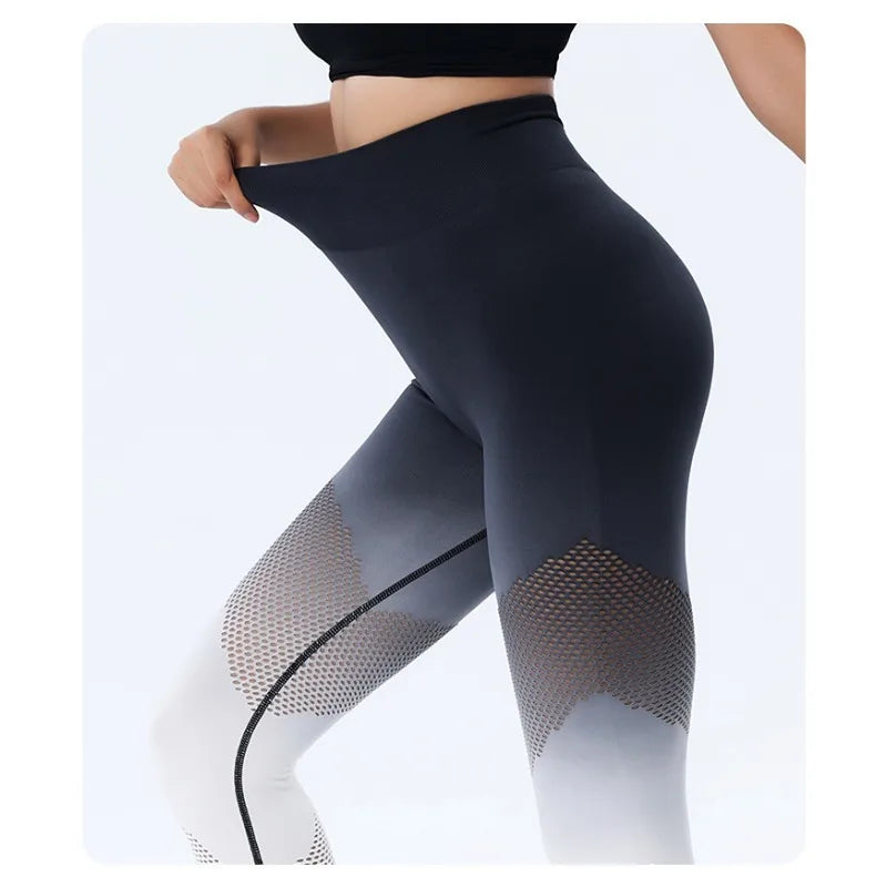 Women Sexy Hollow Out Leggings Seamless Gradient Leggings High Waist Hip Liftting Slim Gym Trainning High Elastic Yoga Tights