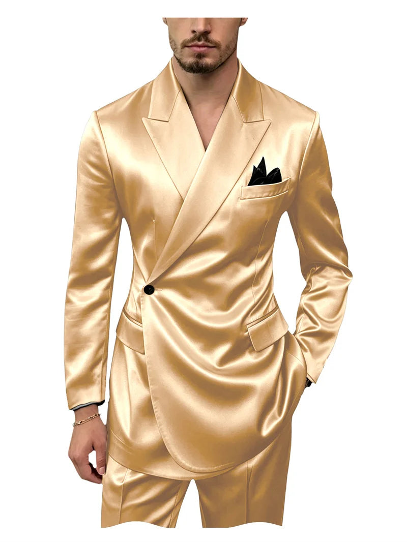 8 Colors 2 PCS Set S-7XL Extra Plus Size Men's Luxury Satin Suit Asymmetrical Wrap Peak Lapel Silk Suit One Button Slim Fit Blazer Pants Wedding Celebrity Red Carpet Business Formal Evening Luxury Outfit