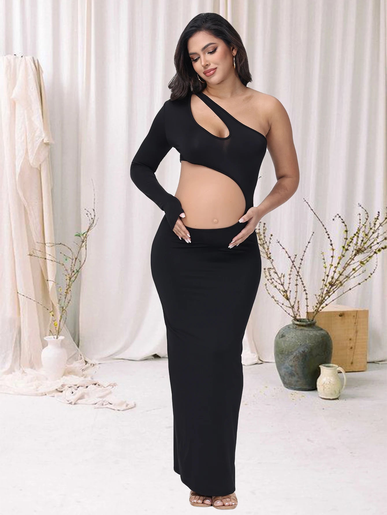 NEW Arrivals S-XL Size Maternity One Shoulder Long Sleeves Belly-Revealing Maxi Dress Baby Shower Gown For Photoshoot