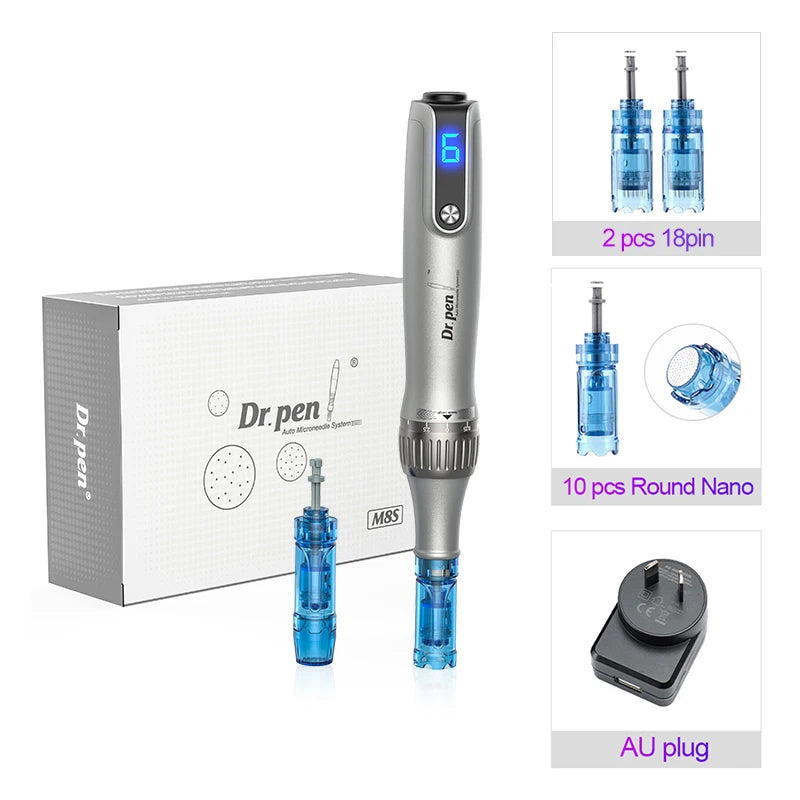NEW Set Face Eyes Lips Tightening Lifting Rejuvenation Ultima M8S Wireless USB LCD Digital Screen Professional Derma Pen with 12 Needle Microneedle Anti Backflow Micro Pen 0.25 MM Needle Length Ladies Beauty Salon Tools Set S