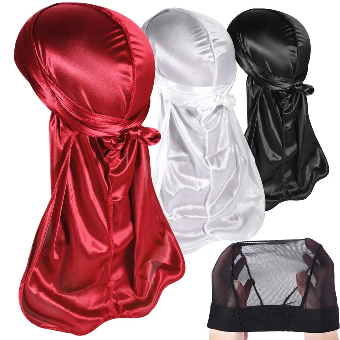 3 PCS Ice Silk Set Women Men Silky Durag Headwraps Durag With Free Waves Cap Durags Pack with Long Tail and Wide Straps Bandanas