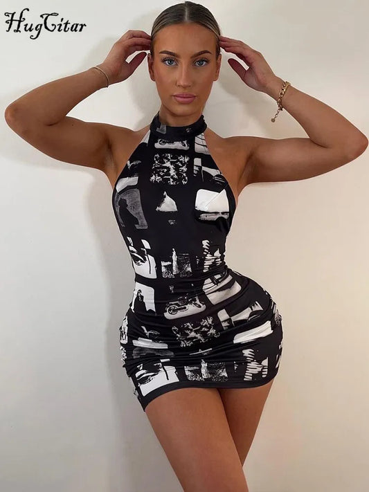 Vintage Print Halter Sleeveless Backless Sexy Slim Bodycon Mini Dress Summer Y2K Outfit Streetwear Nightclub Biker