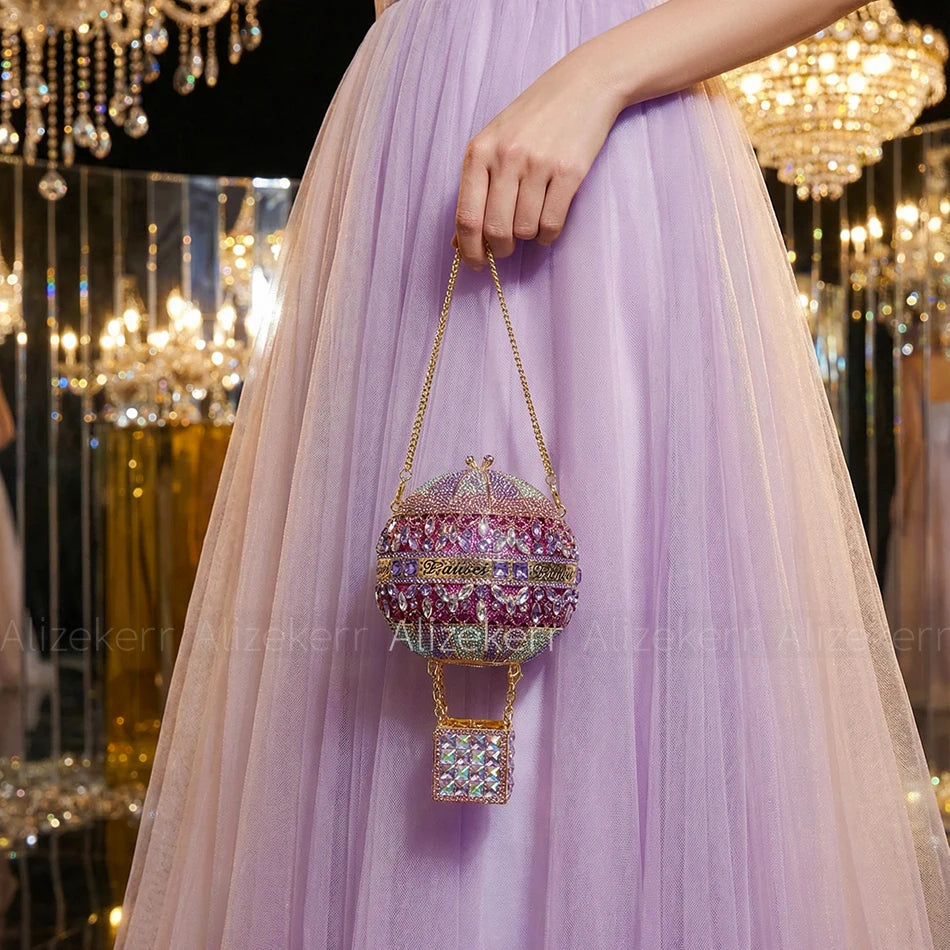 5 Colors  Hot Air Balloon Shaped Crystal Evening Wedding Party Luxury Bags Women Luxury Classy Unique Rhinestone Circular Clutch Purses Wedding Party
