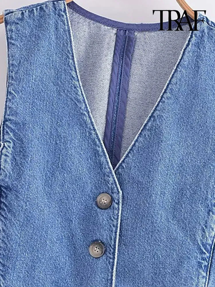 TRAF Women Fashion Front Button Denim Waistcoat Vintage V Neck Sleeveless Female Outerwear Chic Vest Tops